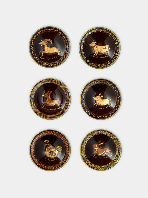 Poterie d’Évires - Animals Hand-Painted Ceramic Breakfast Bowls (Set of 6) - Dark brown - ABASK