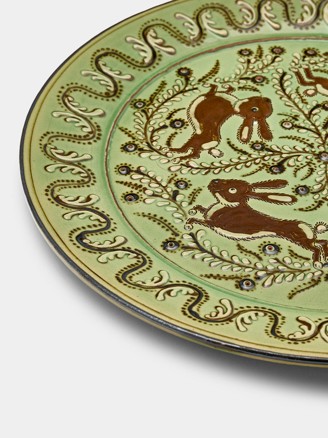 Poterie d’Évires - Rabbits Hand-Painted Ceramic Round Platter - Green - ABASK
