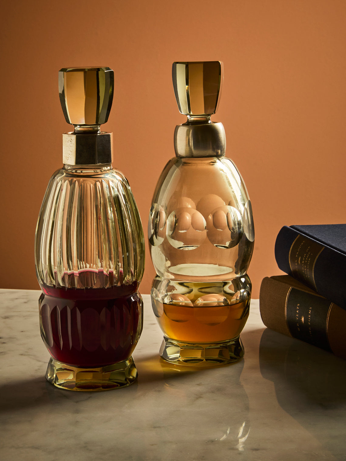 Antique and Vintage - 1930s Art Deco Crystal and Solid Silver Decanters (Set of 2) - Green - ABASK