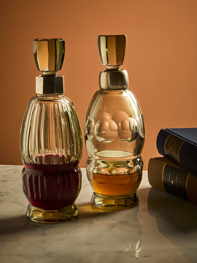 Antique and Vintage - 1930s Art Deco Crystal and Solid Silver Decanters (Set of 2) - Green - ABASK