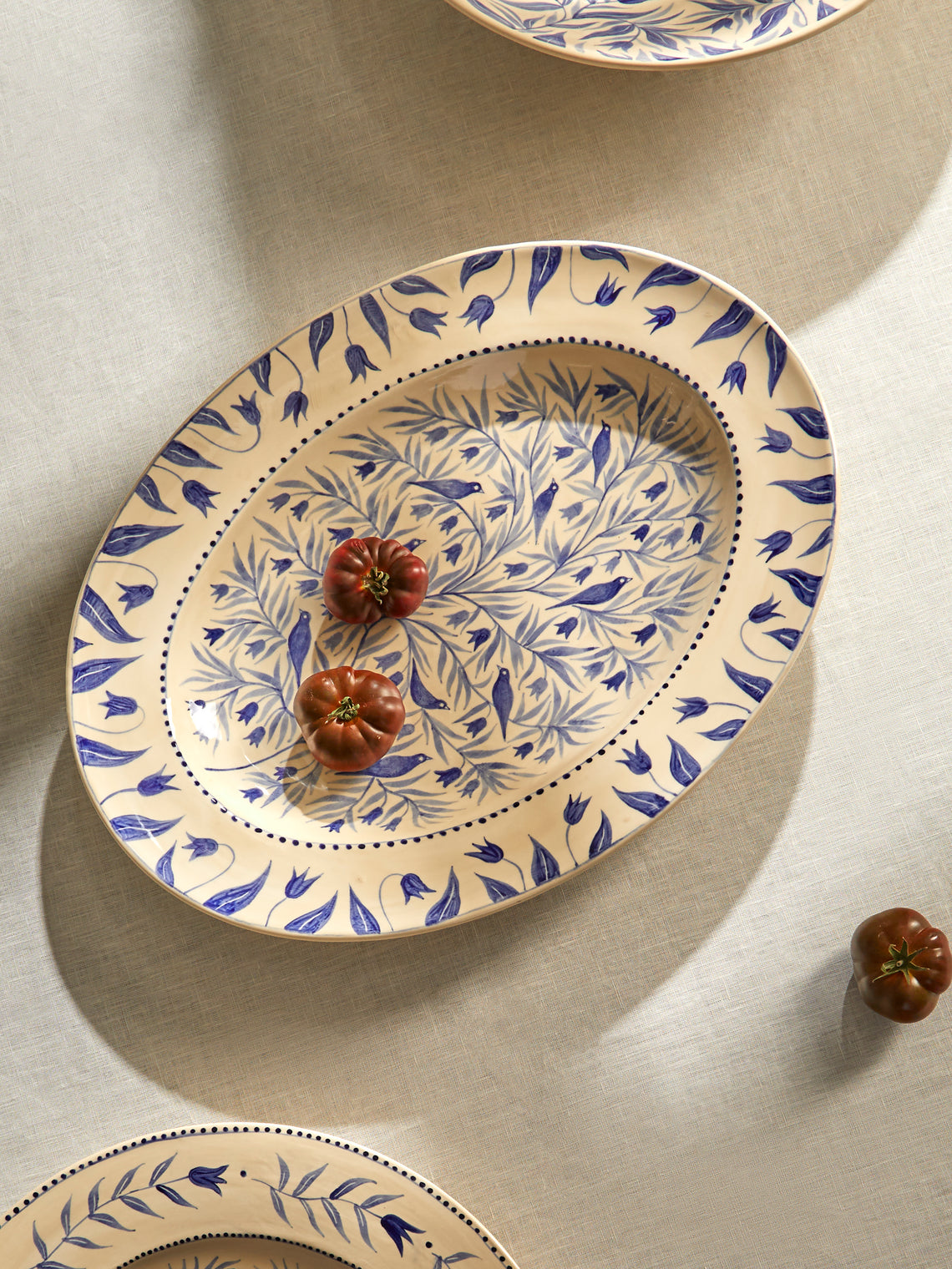 Rosanna Corfe - Birds and Bluebells Hand-Painted Ceramic Oval Platter - Cream - ABASK