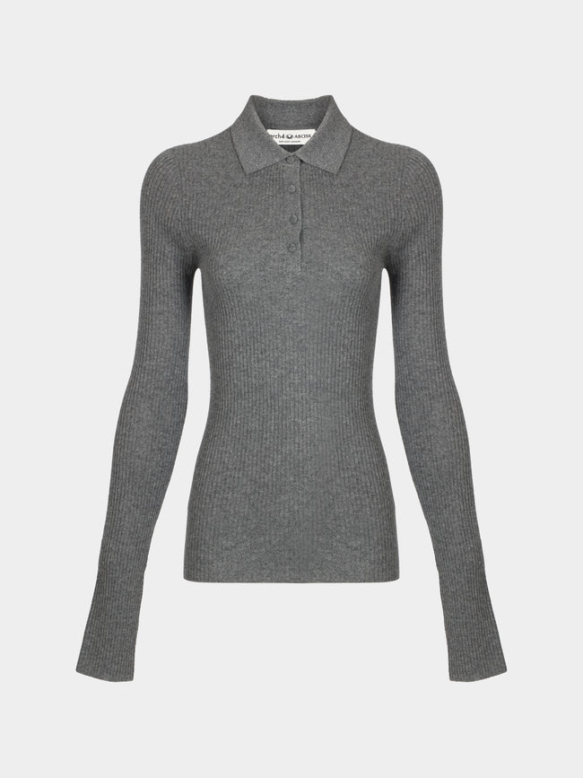 Arch4 - Nightingale Baby Goat Cashmere Long-Sleeved Polo Top | Size: S - Gray - ABASK - 