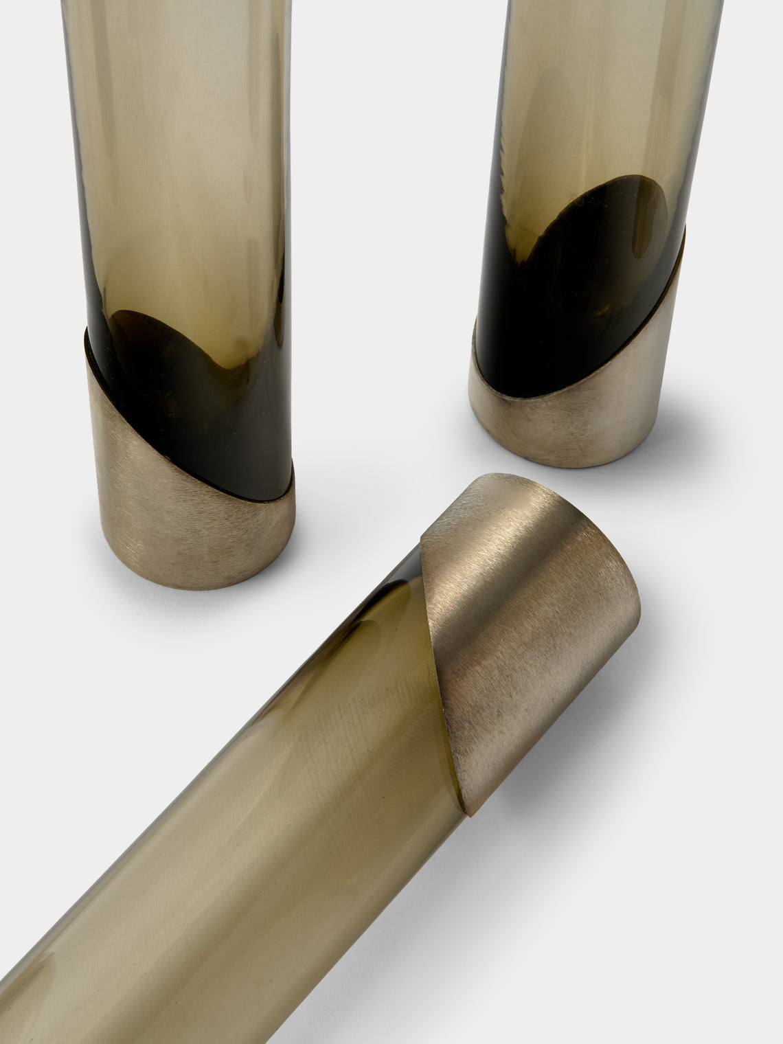 Antique and Vintage - | Set of 6 | 1970 Murano Glass and Sterling Silver Vases (10in/25cm) - Smoke - ABASK