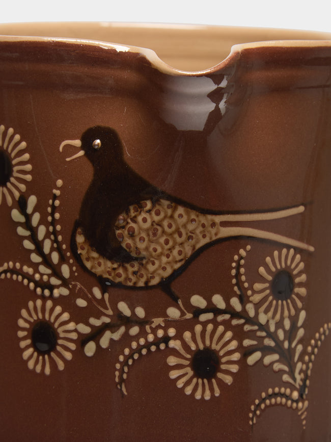 Poterie d’Évires - Birds Hand-Painted Ceramic Straight-Edge Jug (34oz/1L) - Light brown - ABASK