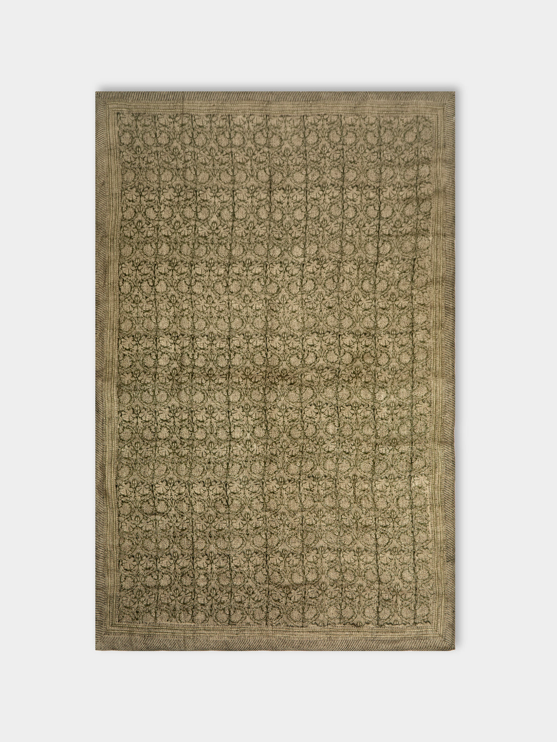 Chamois - Paradise Block-Printed Linen Rectangular Tablecloth (90.5in/2.3m) - Green - ABASK