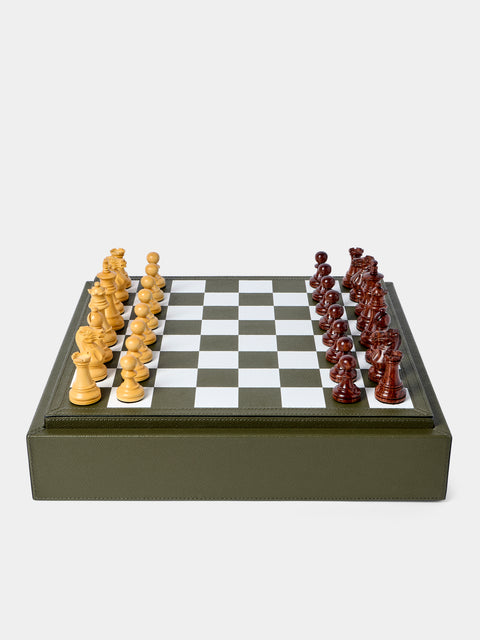 Giobagnara - Leather Triple Checkers, Chess and Dominoes Compendium - Green - ABASK - 