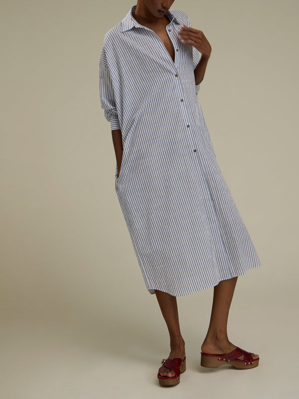 Dusan - Cotton Long Shirt Dress - Blue - ABASK