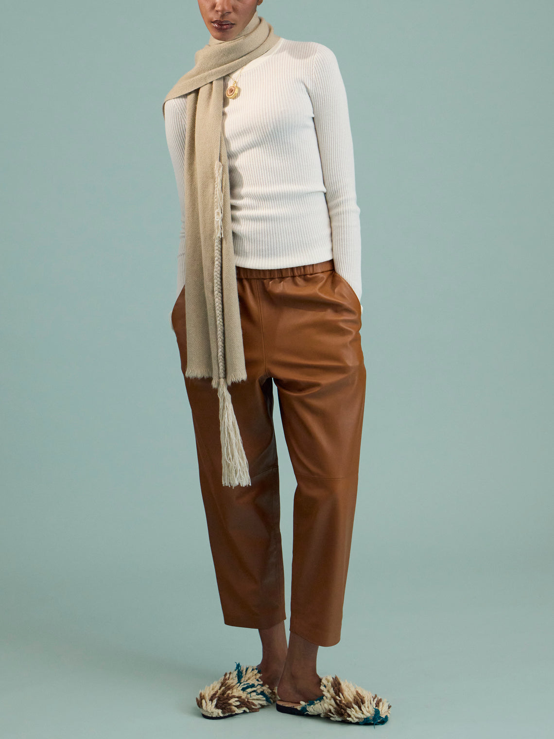 Norlha - Nomad Classic Yak Skinny Braided Scarf (71in/1.8m) - Ivory - ABASK