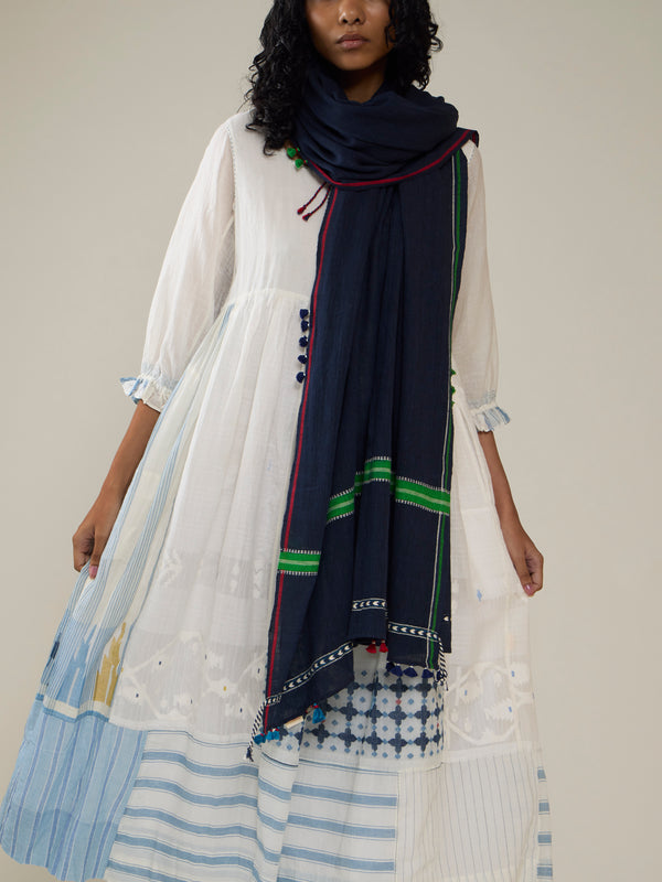 Injiri - Amber 123 Hand-Loomed Cotton Scarf - Navy - ABASK