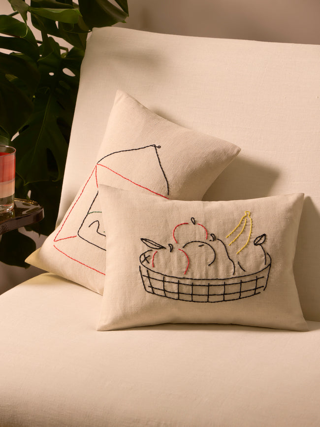Oeuvres Sensibles - Fruit Bowl Hand-Embroidered Cotton and Hemp Cushion (15.5in/40cm) - Cream - ABASK