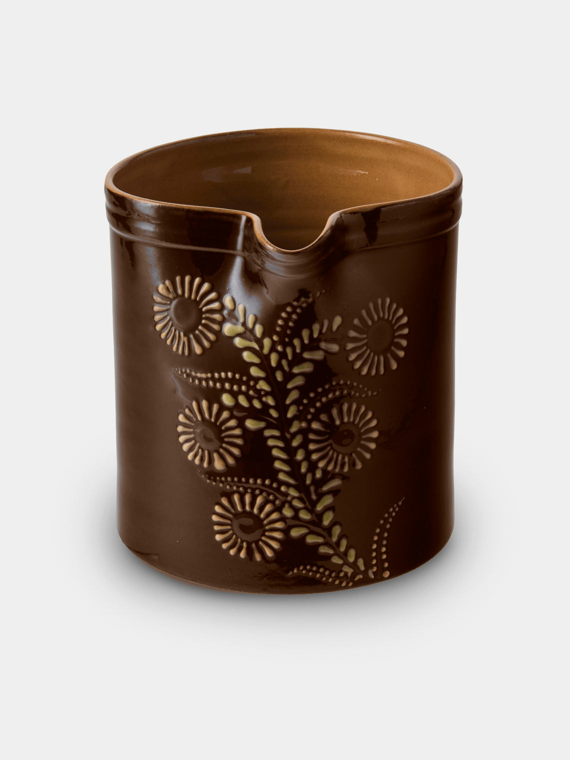 Poterie d’Évires - Flowers Hand-Painted Ceramic Straight-Edge Medium Jug - Dark Brown - ABASK