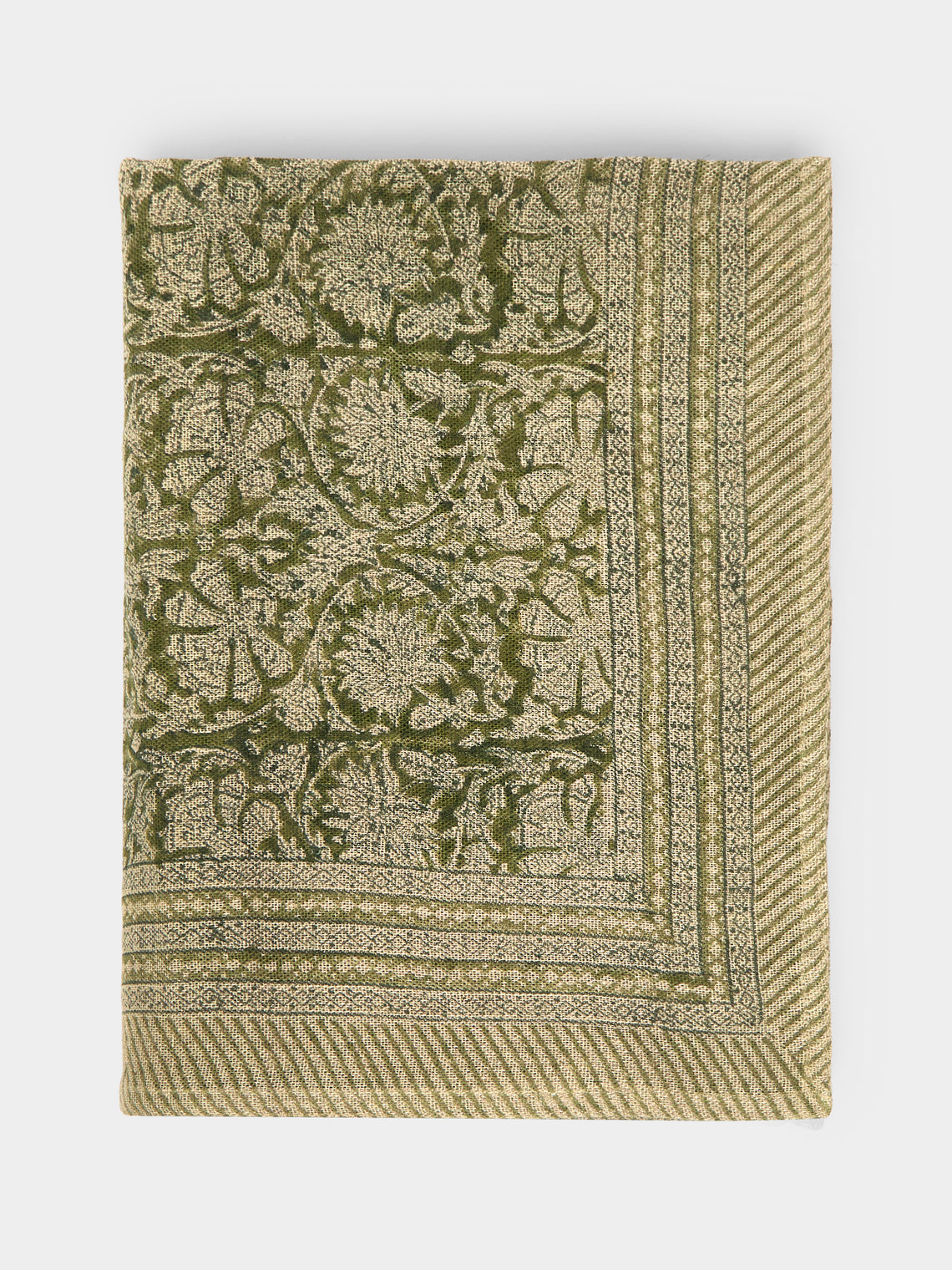 Chamois - Paradise Block-Printed Linen Rectangular Tablecloth - Green - ABASK - 