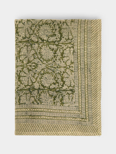 Chamois - Paradise Block-Printed Linen Rectangular Tablecloth - Green - ABASK - 