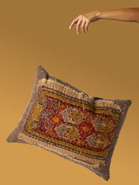 By Walid - 19th-Century Victorian Neo-Gothic Needlepoint Wool and Cotton Cushion (17.5in/45cm) - Multiple - ABASK