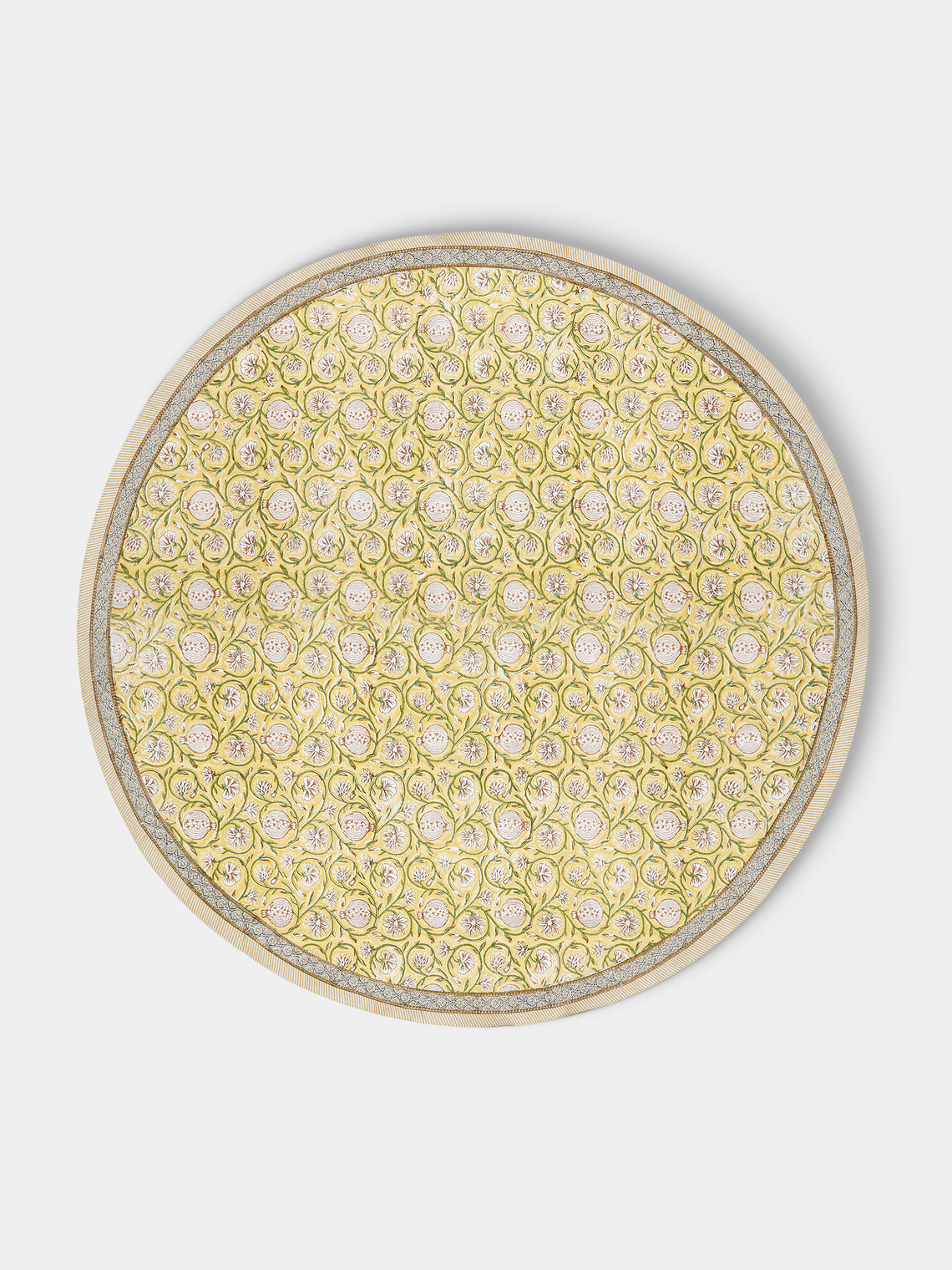 Chamois - Tangier Pomegranate Block-Printed Cotton Round Tablecloth (86.5in/2.2m) - Yellow - ABASK - 