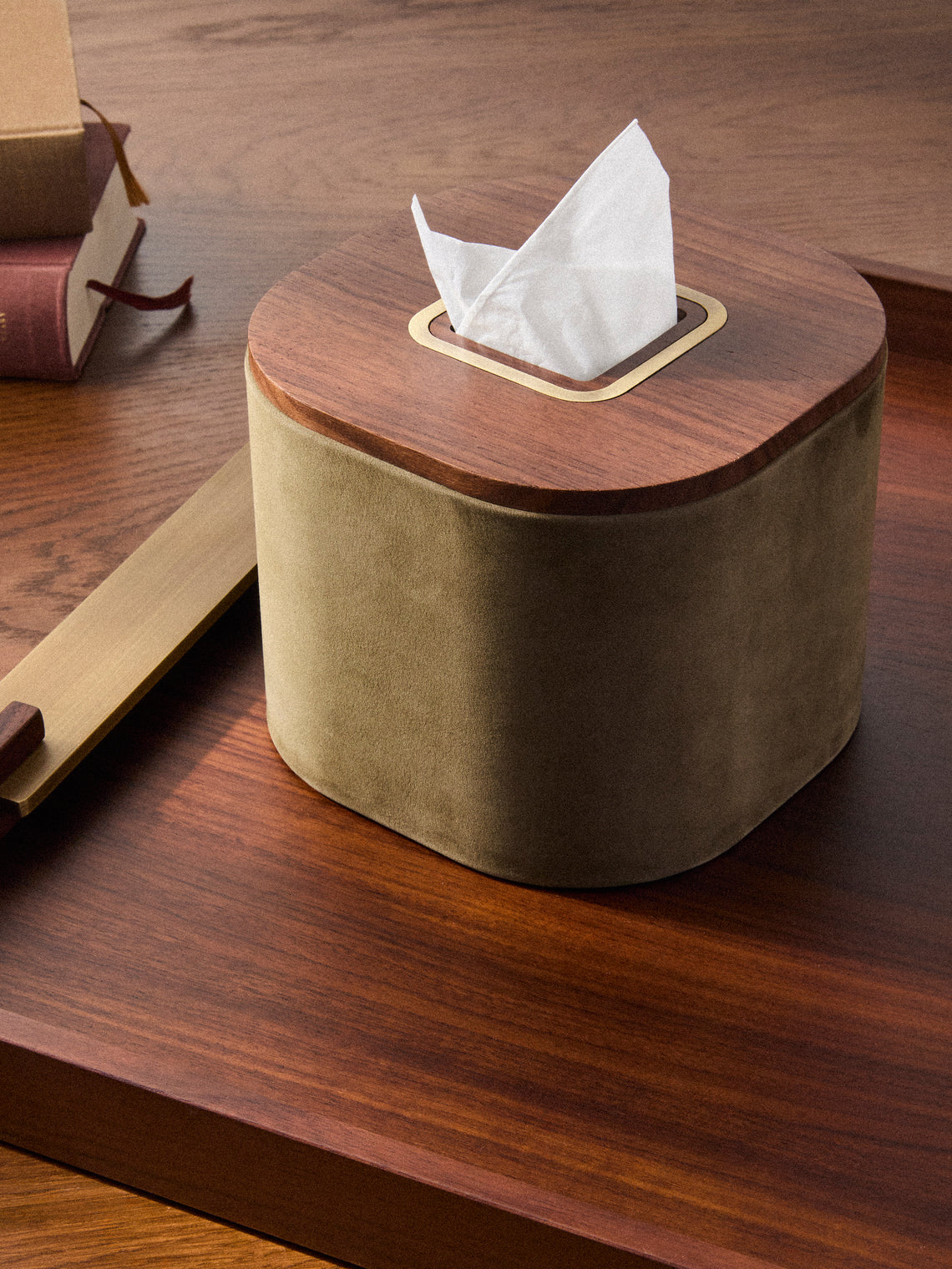Riviere - Dama Walnut and Suede Tissue Box - Green - ABASK
