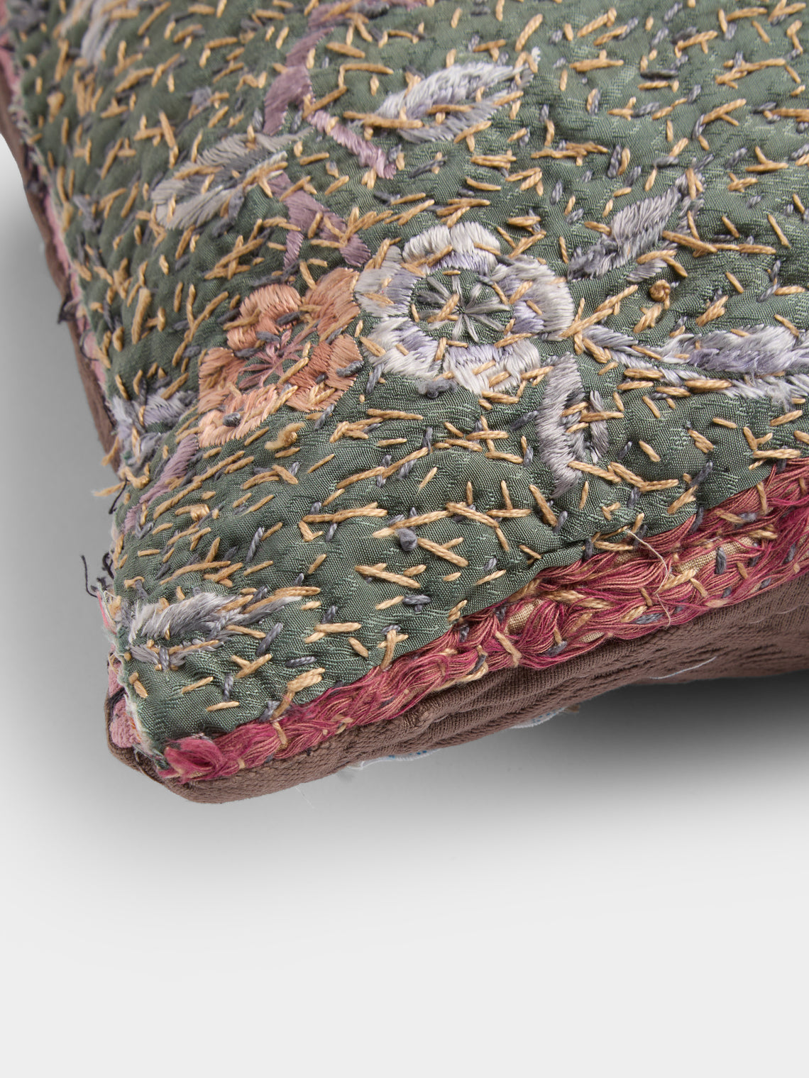 By Walid - 19th-Century Qing Dynasty Embroidered Silk and Marcella Cotton Cushion (13.5in/35cm) - Multiple - ABASK