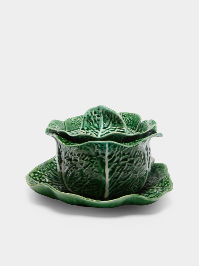 Antique and Vintage - Mid-Century Cabbage Majolica Ceramic Tureen with Plate - Green - ABASK - 