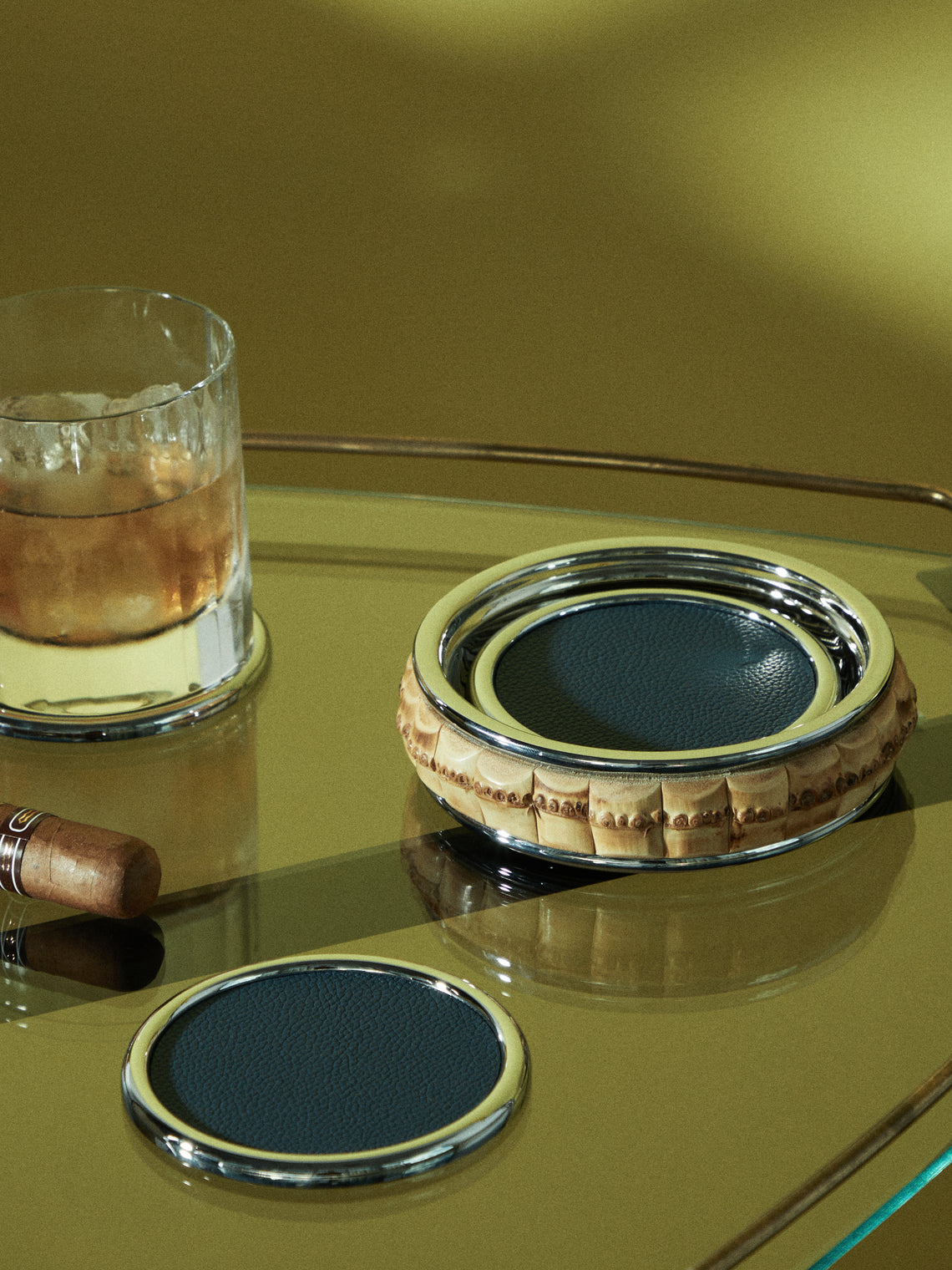 Lorenzi Milano - Leather Coasters with Bamboo Holder (Set of 6) - Blue - ABASK