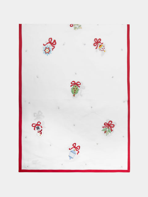 Loretta Caponi - Christmas Embroidered Linen Table Runner - White - ABASK - 
