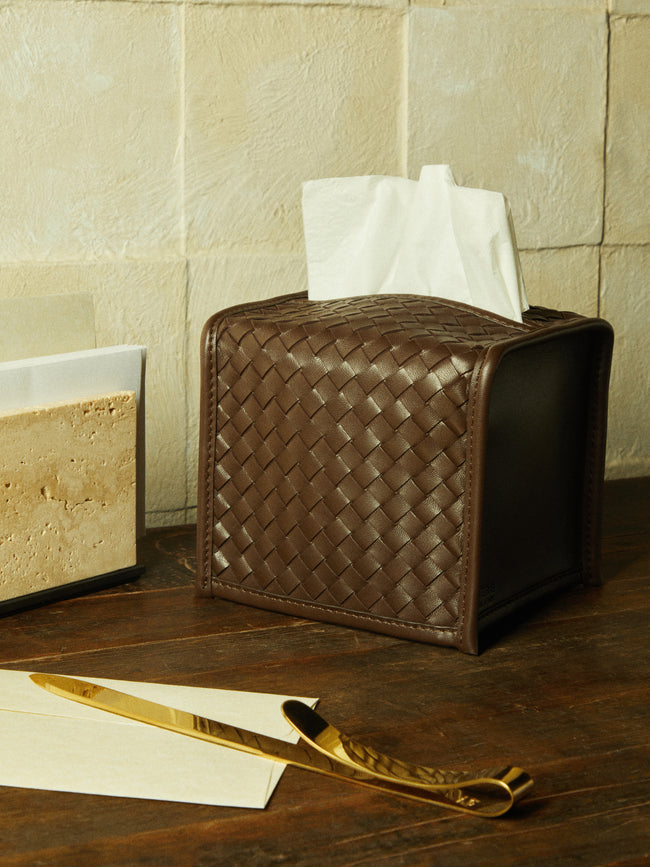 Riviere - Woven Leather Tissue Box - Brown - ABASK