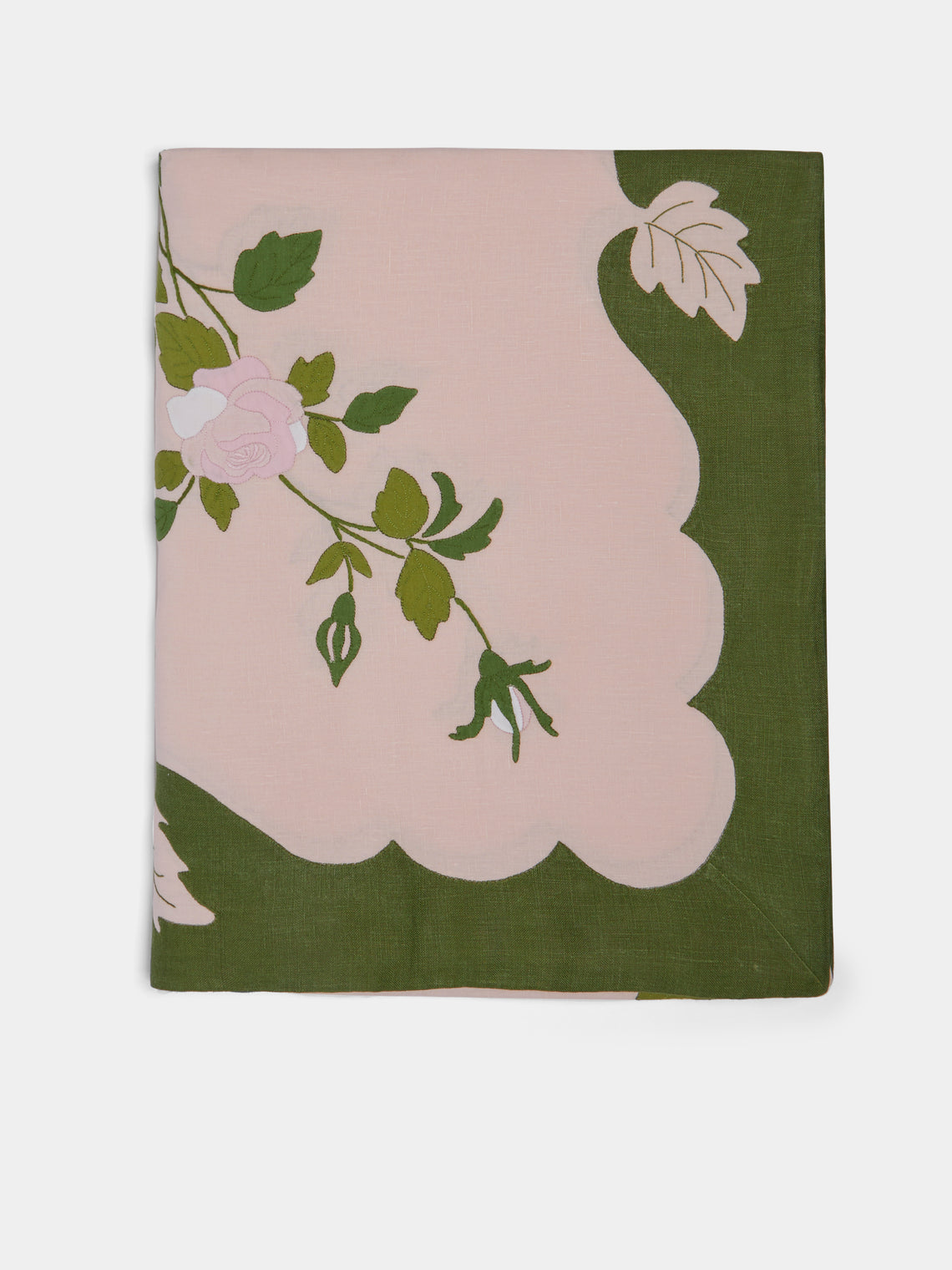 Taf Firenze - Rose Hand-Embroidered Linen Tablecloth and Napkins (Set of 6) - Pink - ABASK