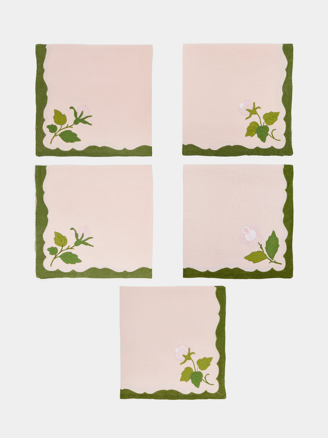 Taf Firenze - Rose Hand-Embroidered Linen Tablecloth and Napkins (Set of 6) - Pink - ABASK