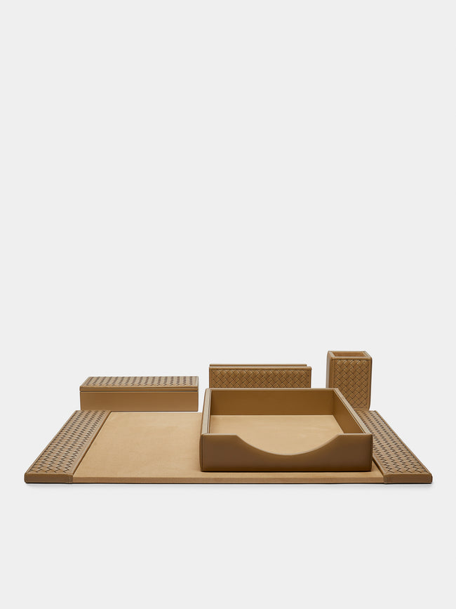 Riviere - Woven Leather Desk Set (Set of 5) - Beige - ABASK - 