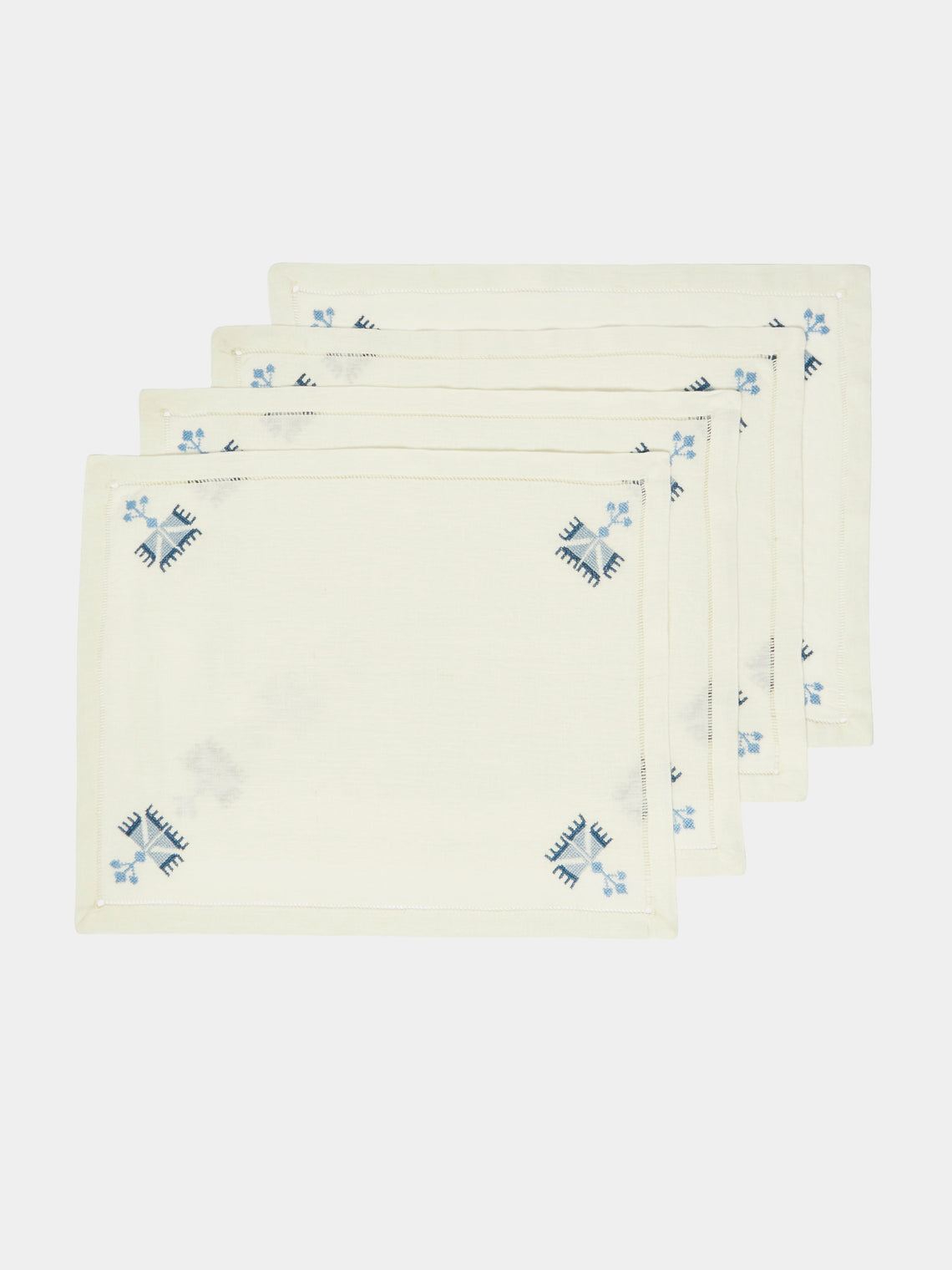Malaika - Ottoman Carnations Hand-Printed Linen Placemats (Set of 4) - Blue - ABASK