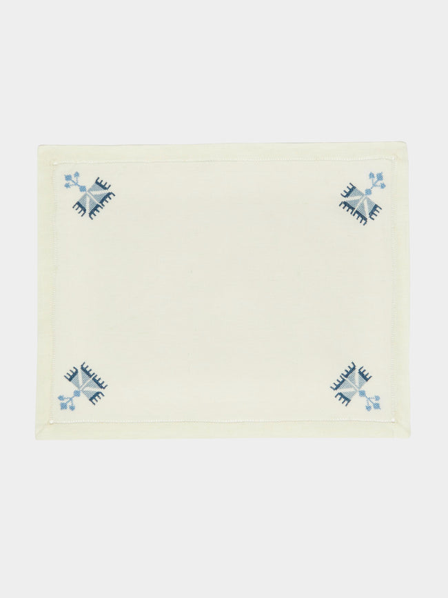 Malaika - Ottoman Carnations Hand-Printed Linen Placemats (Set of 4) - Blue - ABASK - 