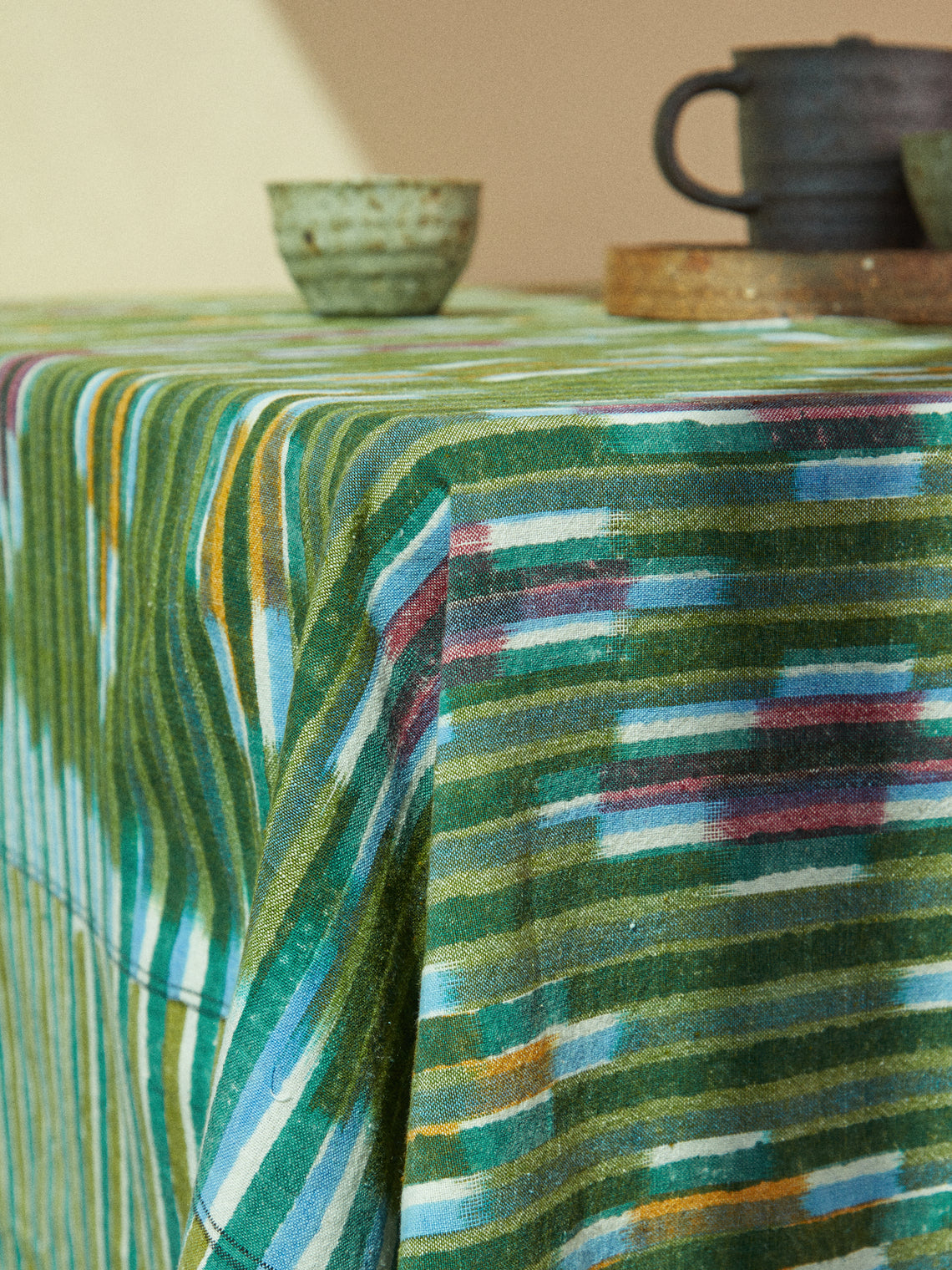 Petal Stripe Block-Printed Cotton Rectangular Tablecloth