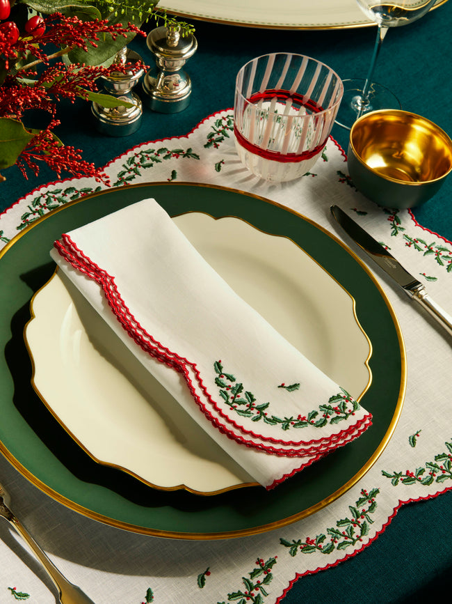 Loretta Caponi - Embroidered Linen Holly Napkins (Set of 6) - White - ABASK