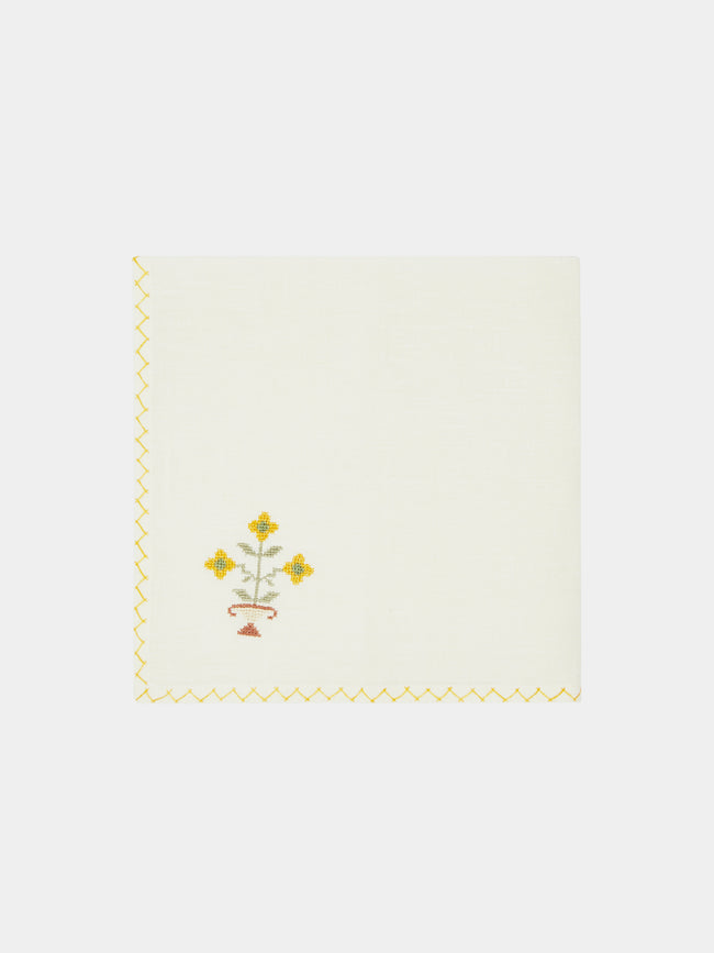 Malaika - Bouquet Hand-Embroidered Linen Napkins (Set of 4) - Yellow - ABASK - 