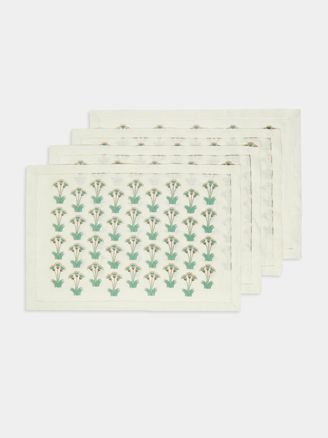 Malaika - Nile Lotus Hand-Printed Linen Placemats (Set of 4) - Green - ABASK