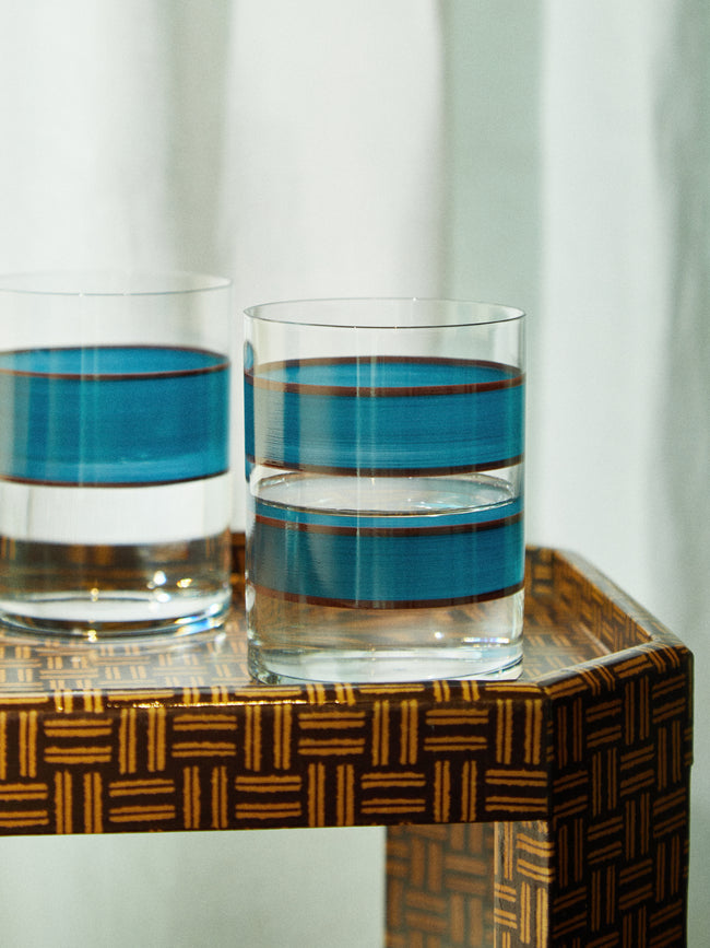 Los Vasos de Agua Clara - Hand-Painted Wahaka Stripe Glass Tumbler (Set of 6) - Blue - ABASK