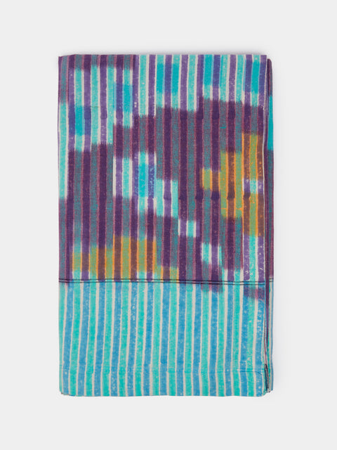 Gregory Parkinson - Midnight Aqua Stripe Block-Printed Cotton Tablecloth - Multiple - ABASK - 