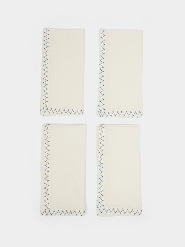 Malaika - Zigzag Hand-Embroidered Linen Napkins (Set of 4) - Blue - ABASK
