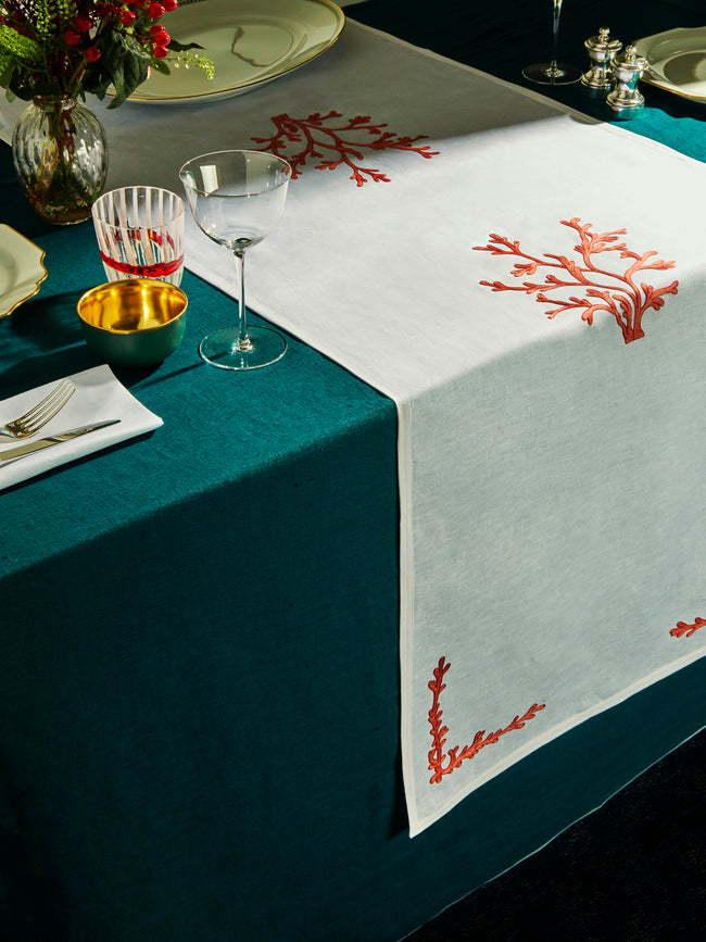 Loretta Caponi - Coral Hand-Embroidered Linen Table Runner - White - ABASK