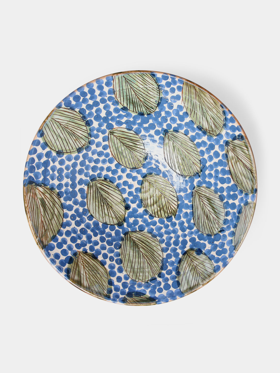 Malaika - Leaves Hand-Painted Ceramic Serving Bowl - Blue - ABASK