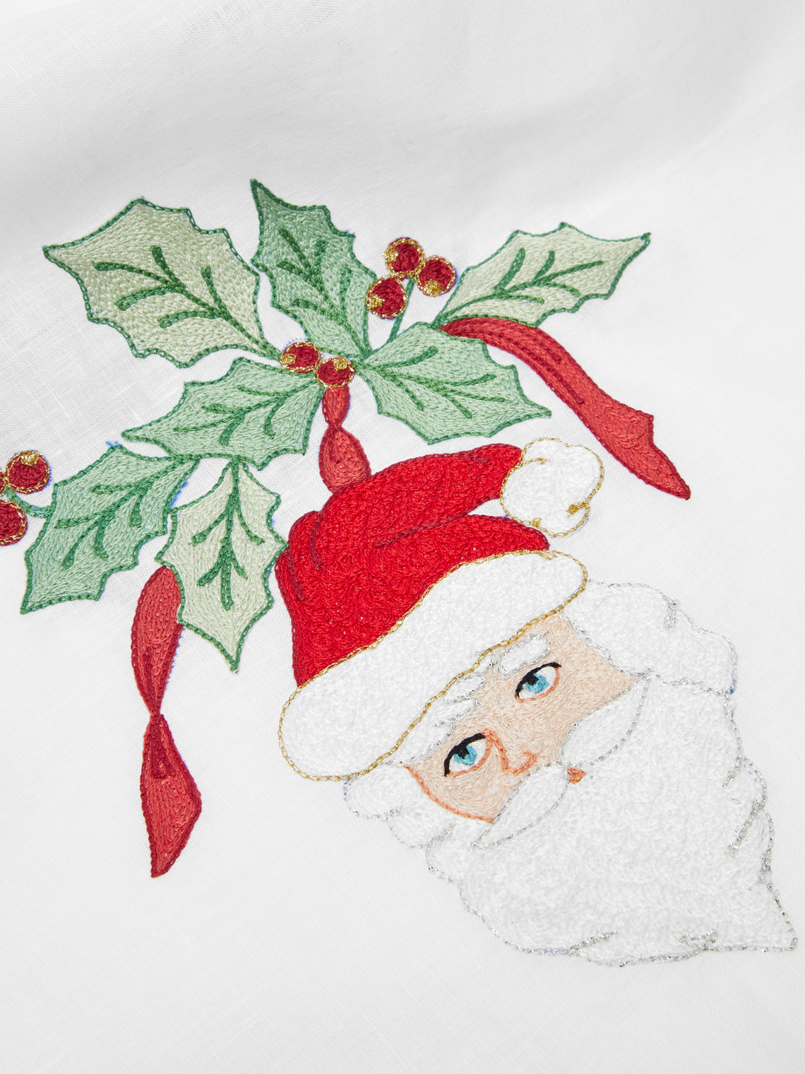 Loretta Caponi - Santa Claus Embroidered Linen Table Runner - White - ABASK