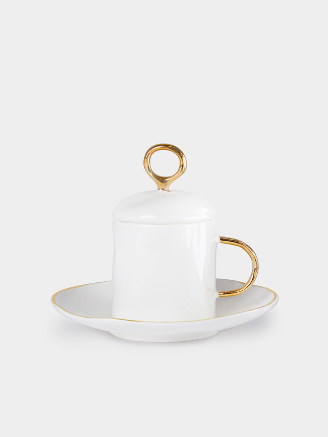 Feldspar - 24ct Gold Hand-Painted Bone China Lidded Espresso Cup - White - ABASK - 