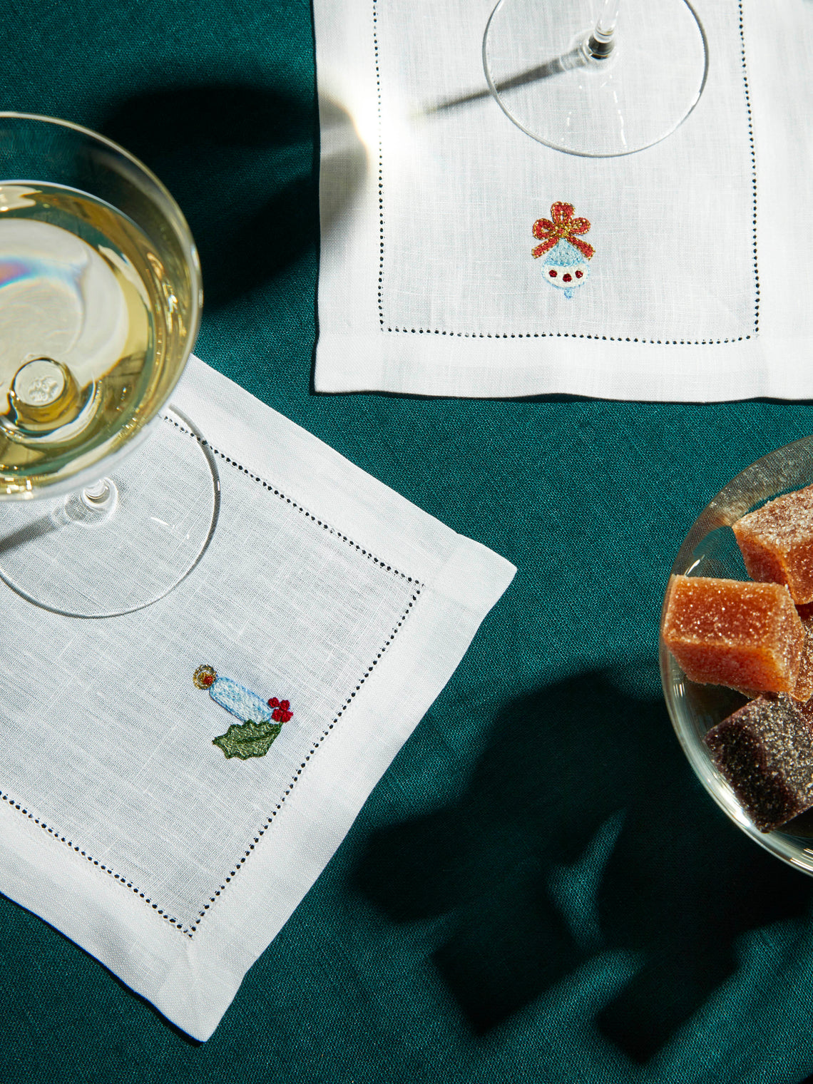 Loretta Caponi - Christmas Hand-Embroidered Linen Cocktail Napkins (Set of 6) -  - ABASK