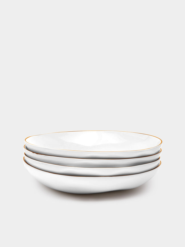 Feldspar - 24ct Gold Painted Bone China Pasta Bowl (Set of 4) - White - ABASK