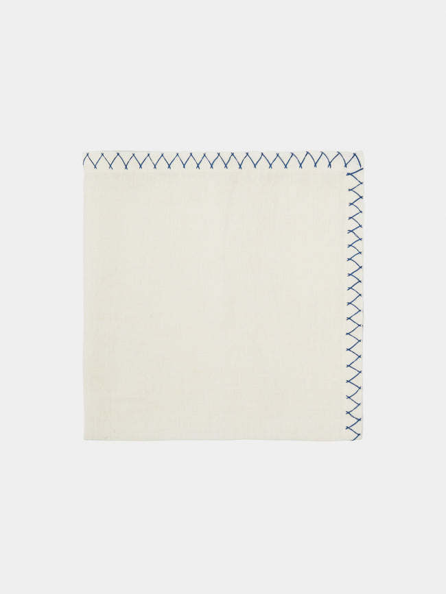 Malaika - Zigzag Embroidered Linen Napkin (Set of 4) - Blue - ABASK - 