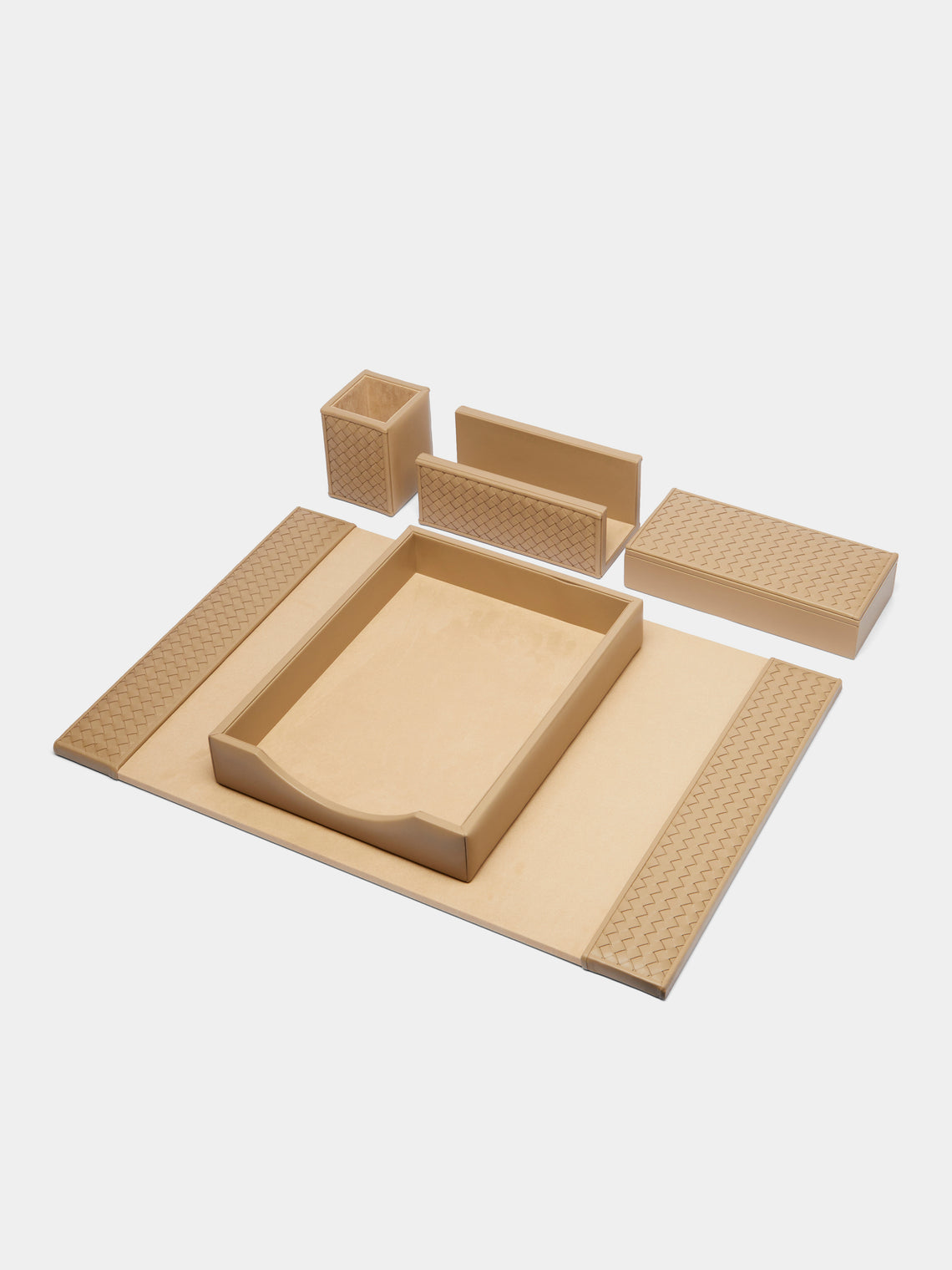 Riviere - Woven Leather Desk Set (Set of 5) - Beige - ABASK