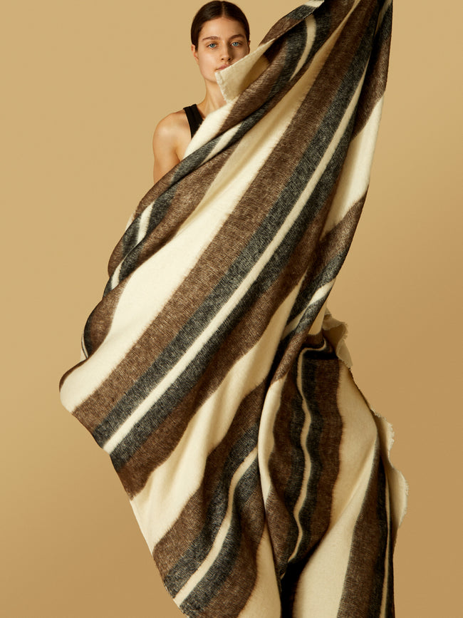 Denis Colomb - Dolpo Striped Nomad Handwoven Cashmere Blanket - White - ABASK