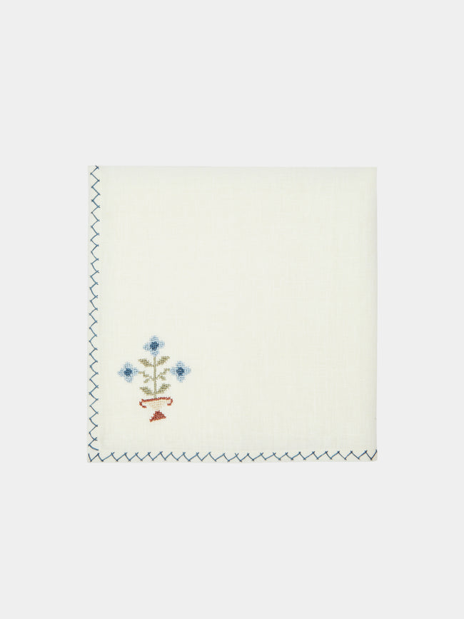 Malaika - Bouquet Embroidered Linen Napkin (Set of 4) - Blue - ABASK - 