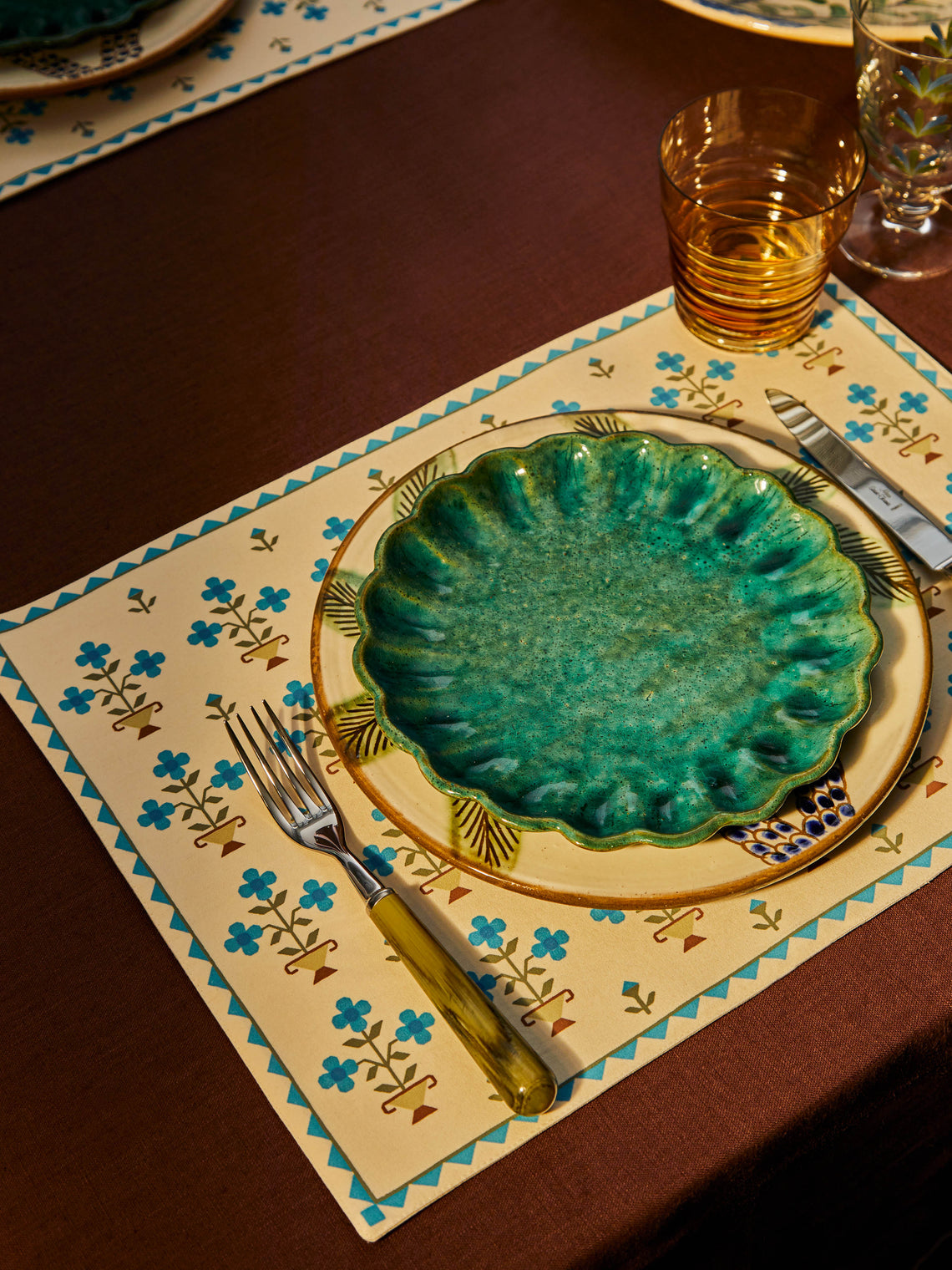 Malaika - Ottoman Vase Hand-Printed Cotton Placemats (Set of 4) - Blue - ABASK