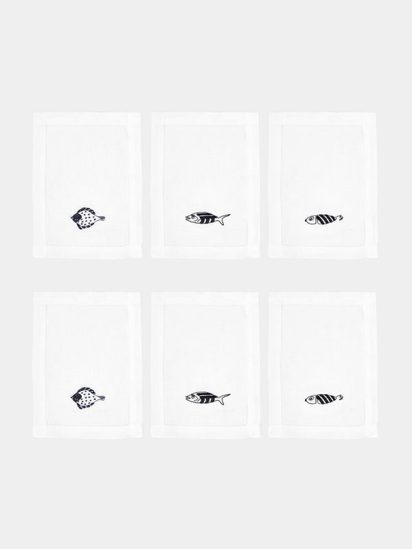 Loretta Caponi - Mendini Fish Hand-Embroidered Linen Cocktail Napkins (Set of 6) -  - ABASK