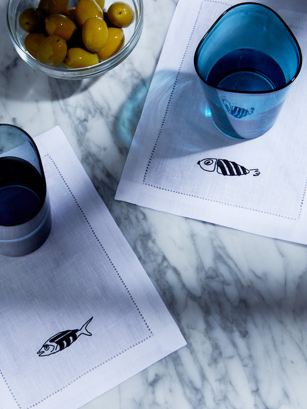 Loretta Caponi - Mendini Fish Hand-Embroidered Linen Cocktail Napkins (Set of 6) -  - ABASK